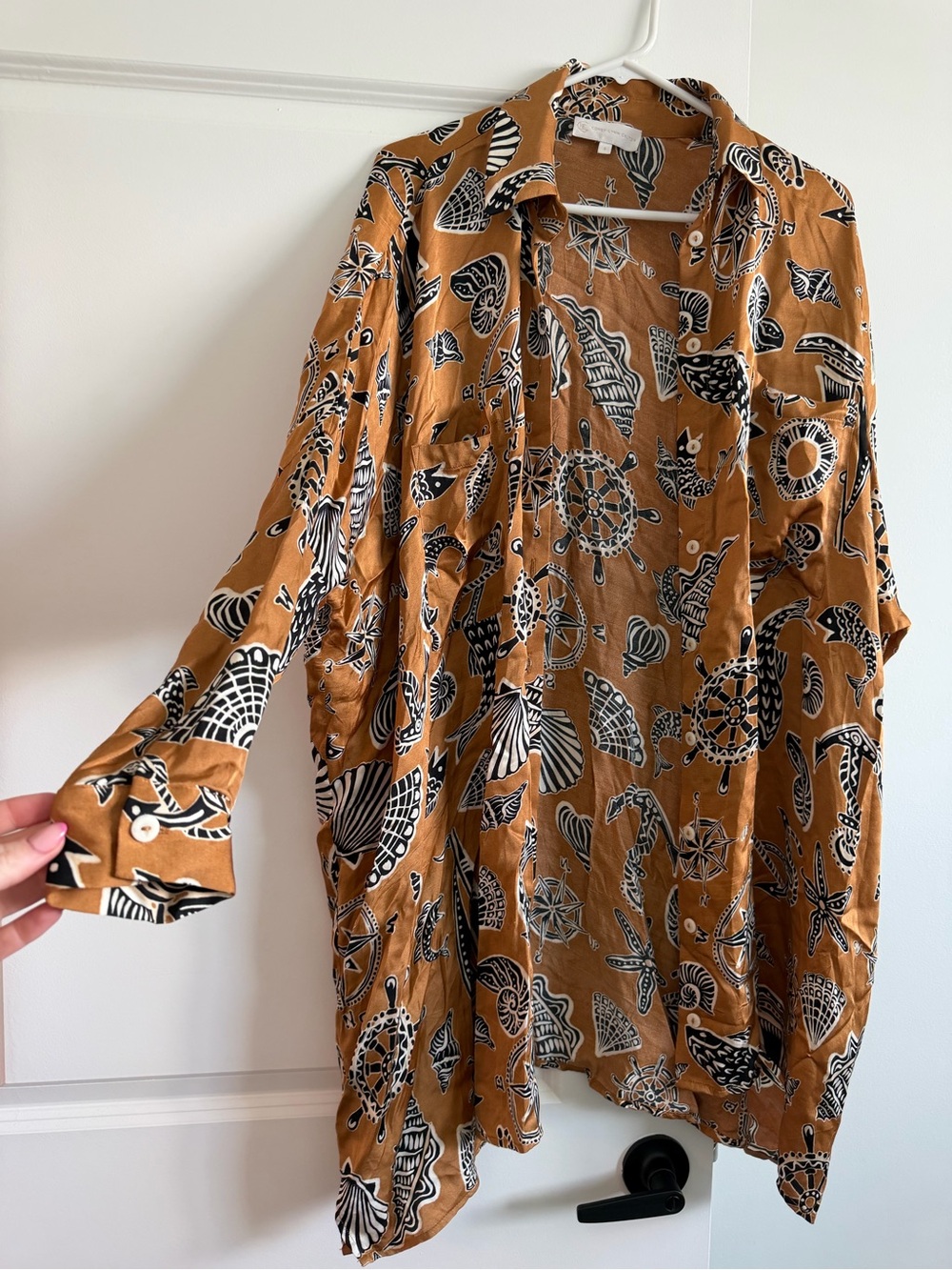 Anthropologie silk Rust Brown Printed Button-Up Coverup - Picture 2 of 3